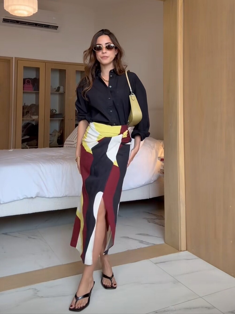 Sexy Vintage Print Midi Skirt for Women Elegant Side Split Ruffles Long Skirt